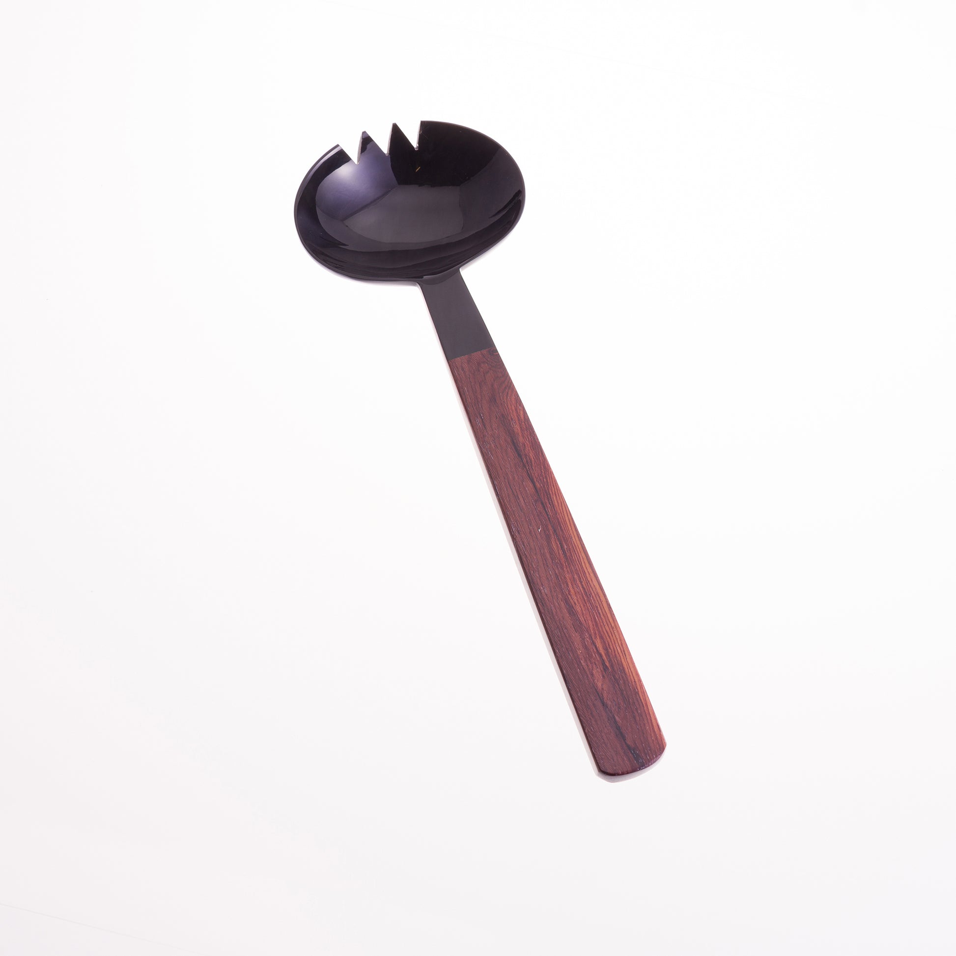 Oval shaped black horn salad server fork with rosewood handles