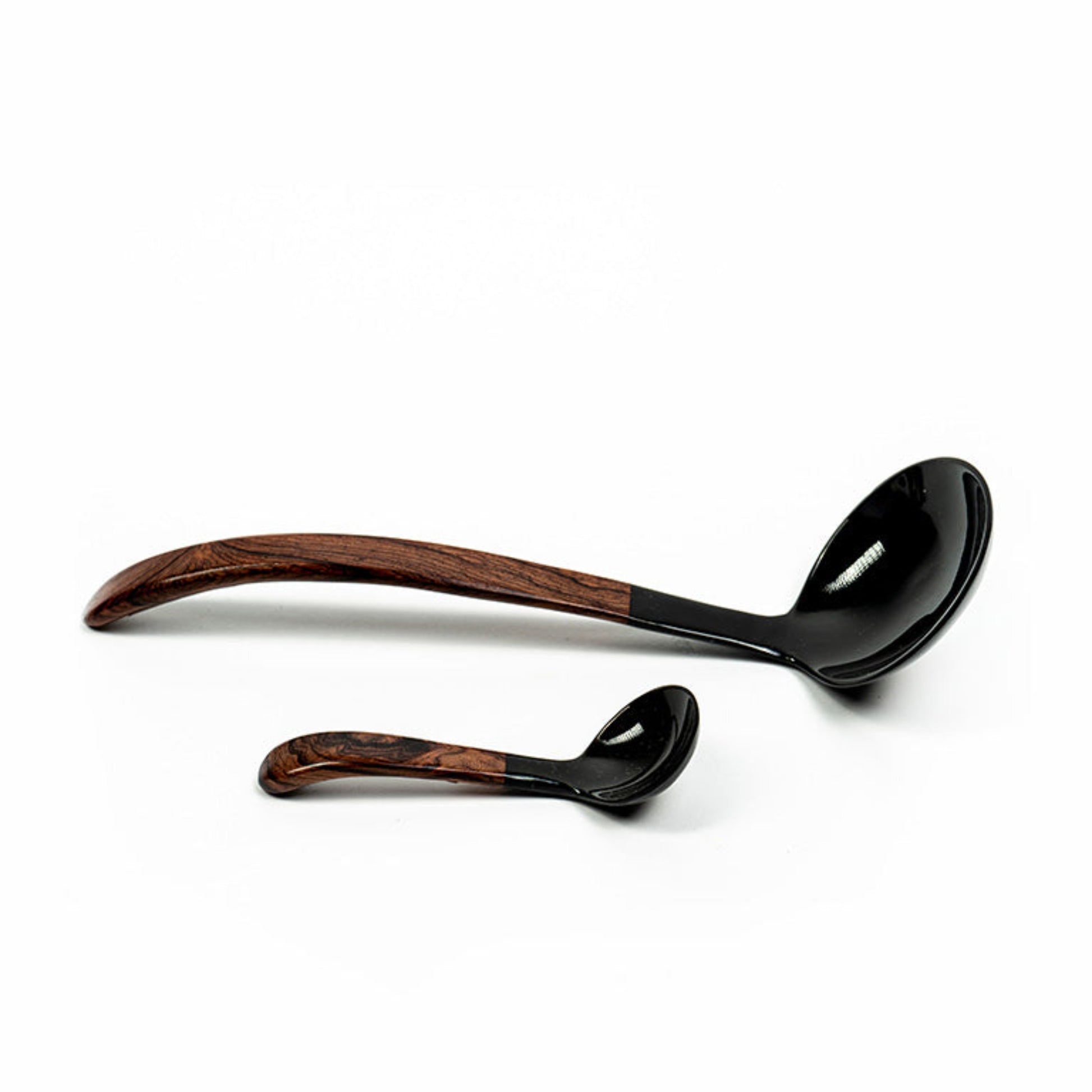 A small and large ladle made from water buffalo horn with a rosewood handle