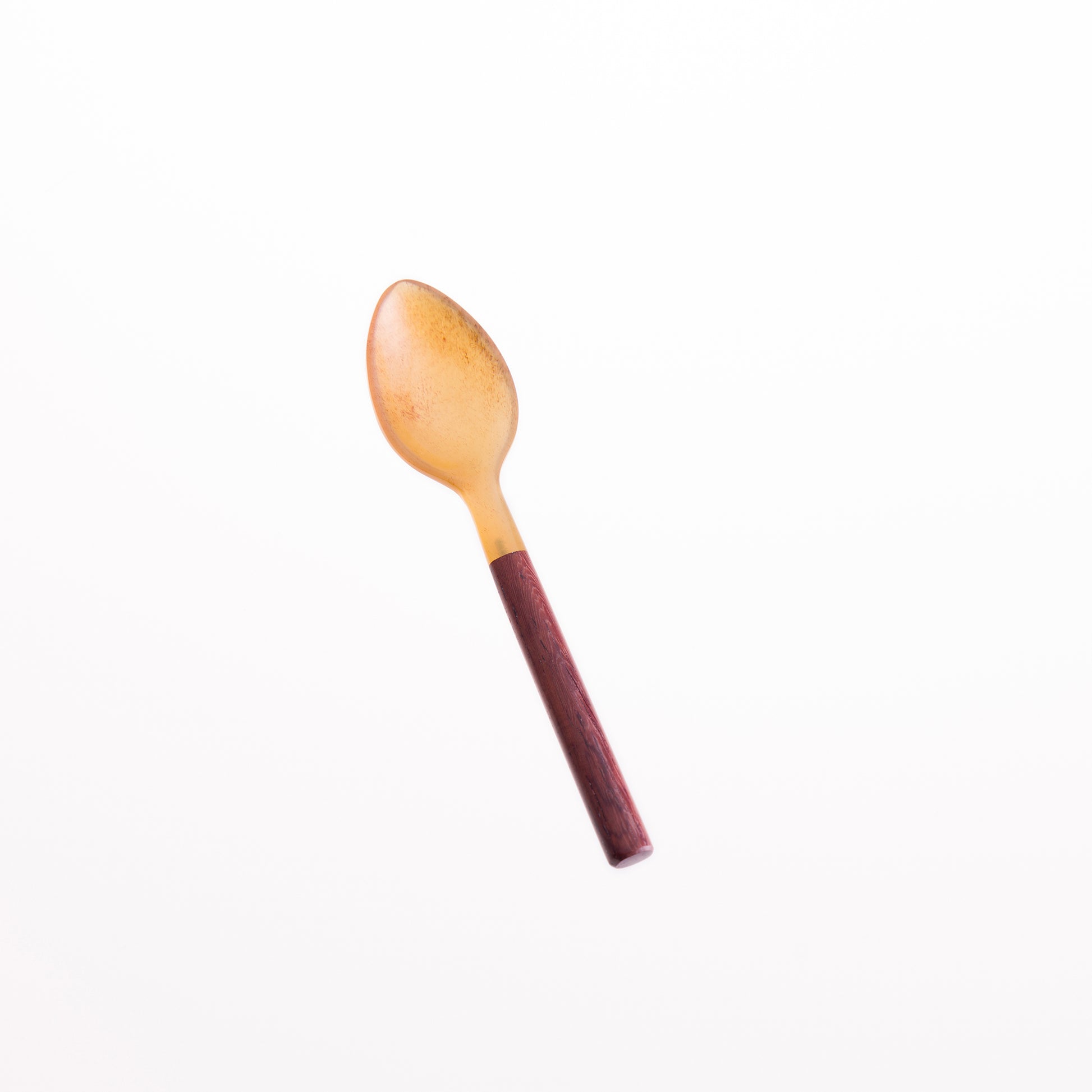 A horn egg spoon, natural horn with a rosewood handle.