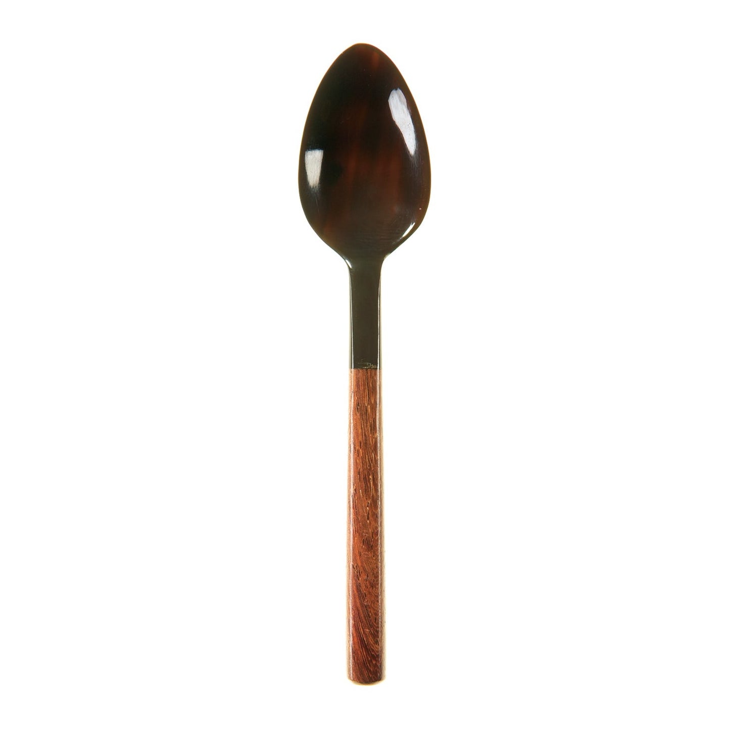 A black water buffalo horn egg spoon with a rosewood handle